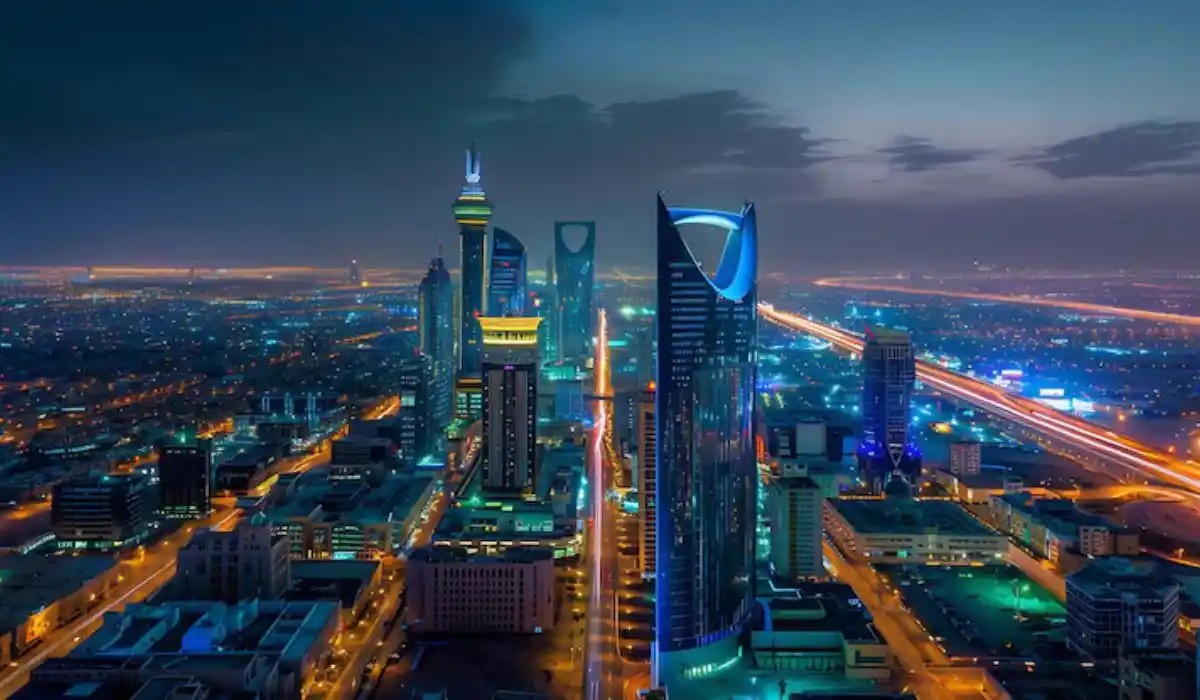 Aerial night view of King Fahd Road in Riyadh's business district
